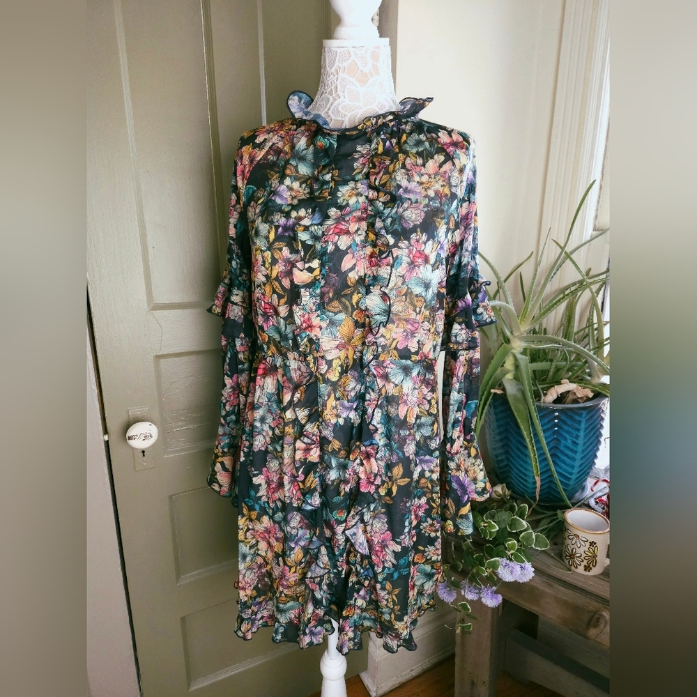 H&M Black Botanical Floral Ruffled Semi Sheer Long Sleeved Dress Women's 2